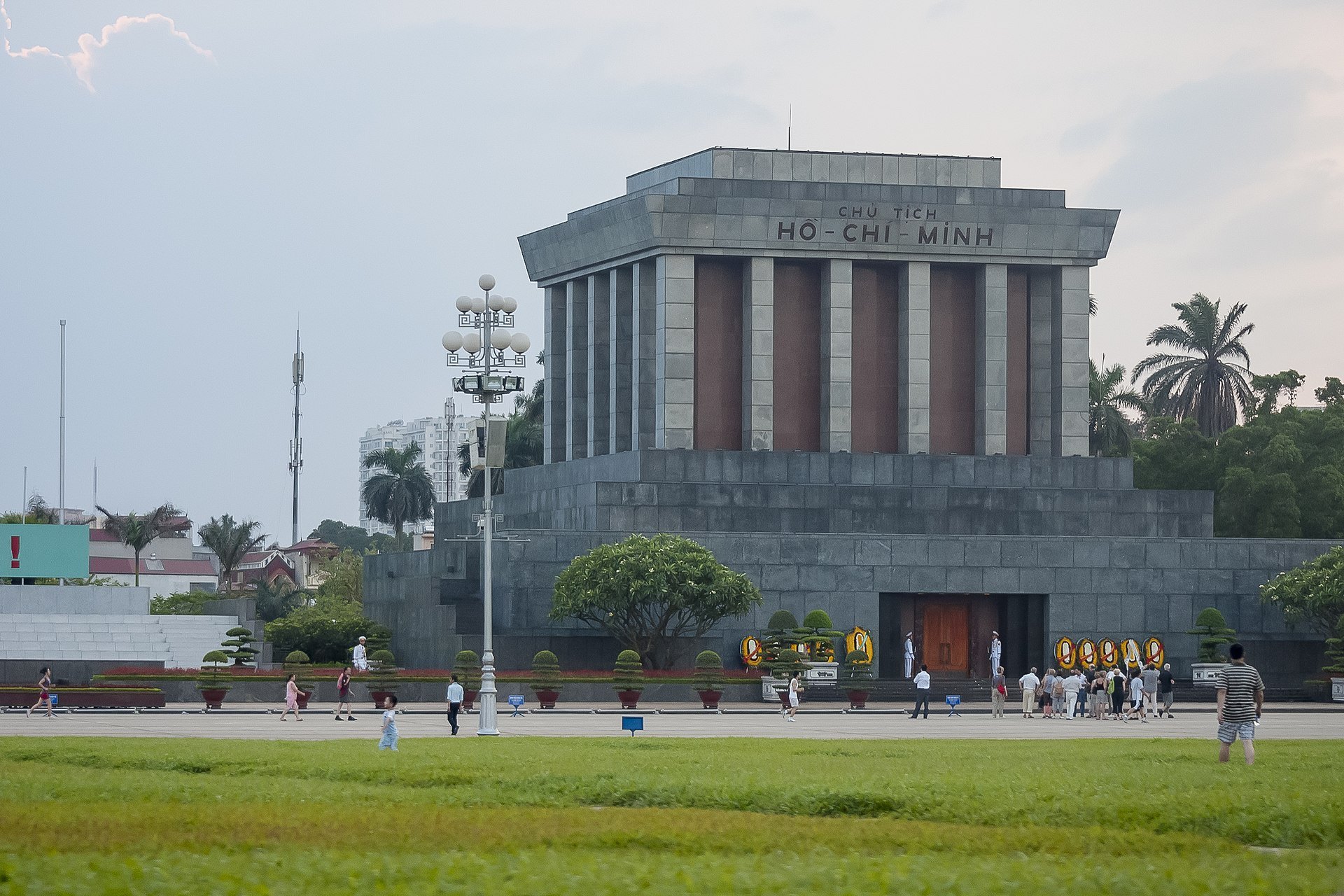 The grey stone front of the mausoleum on Ba Dinh Square