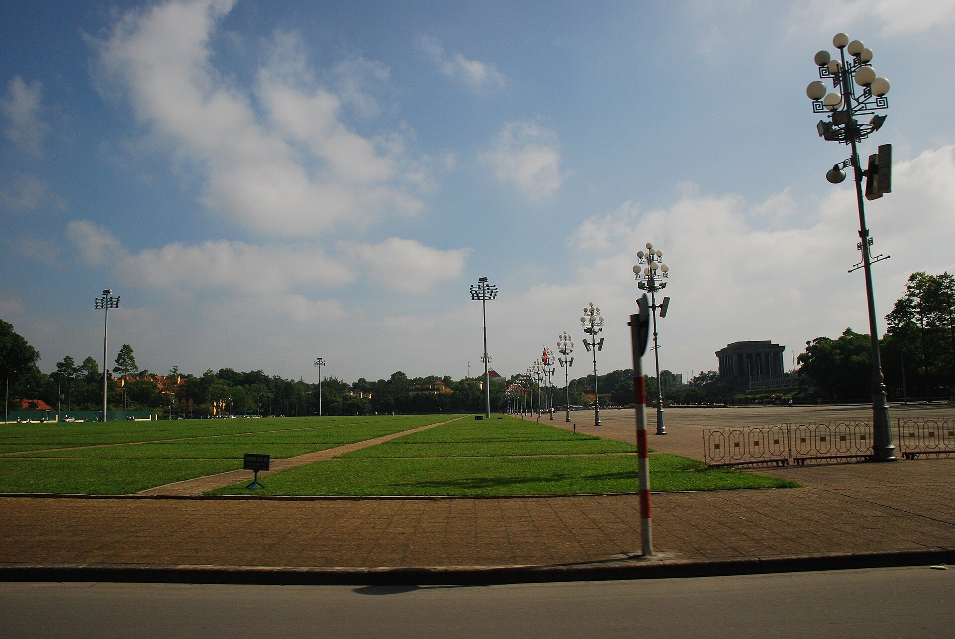 The mausoleum seen across the lawns of the square