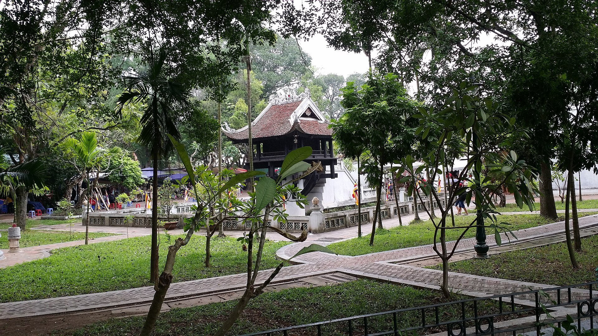 The pagoda in its park setting with paths and lawns around it