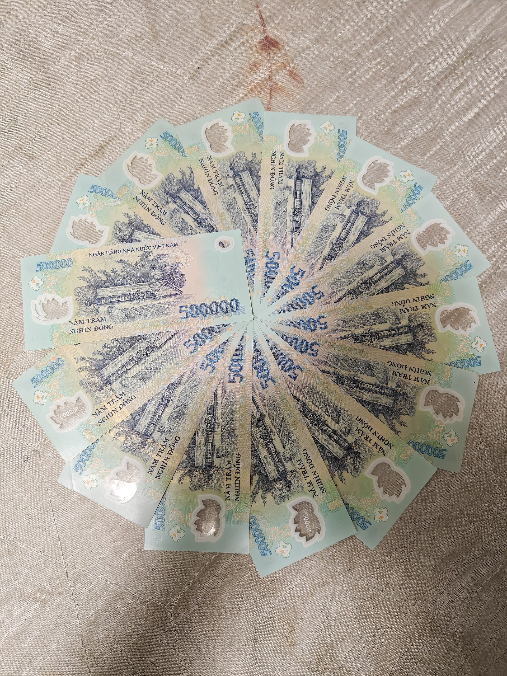 Several 500,000-dong Vietnamese banknotes fanned out